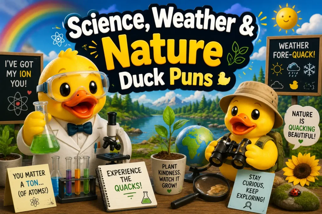 A natural hand-painted wooden sign reading Science, Weather, and Nature Duck Puns 🔬 surrounded by green leaves, raindrops, and laboratory flasks with cute ducks.