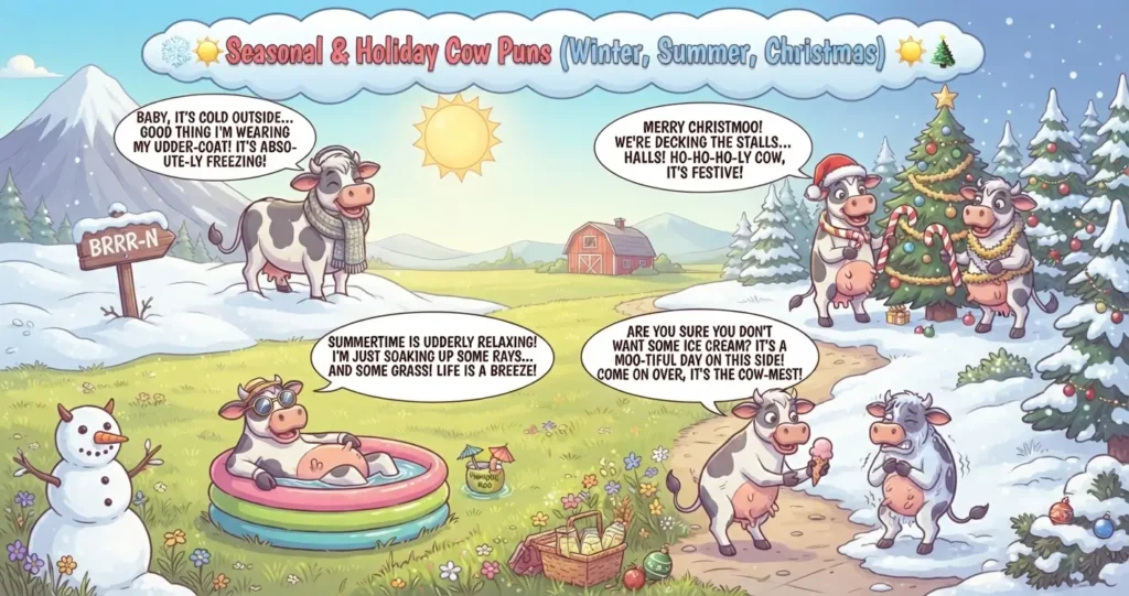 Cartoon illustration of anthropomorphic cows celebrating different seasons including winter with snow, summer with a kiddie pool, and Christmas with a decorated tree.
