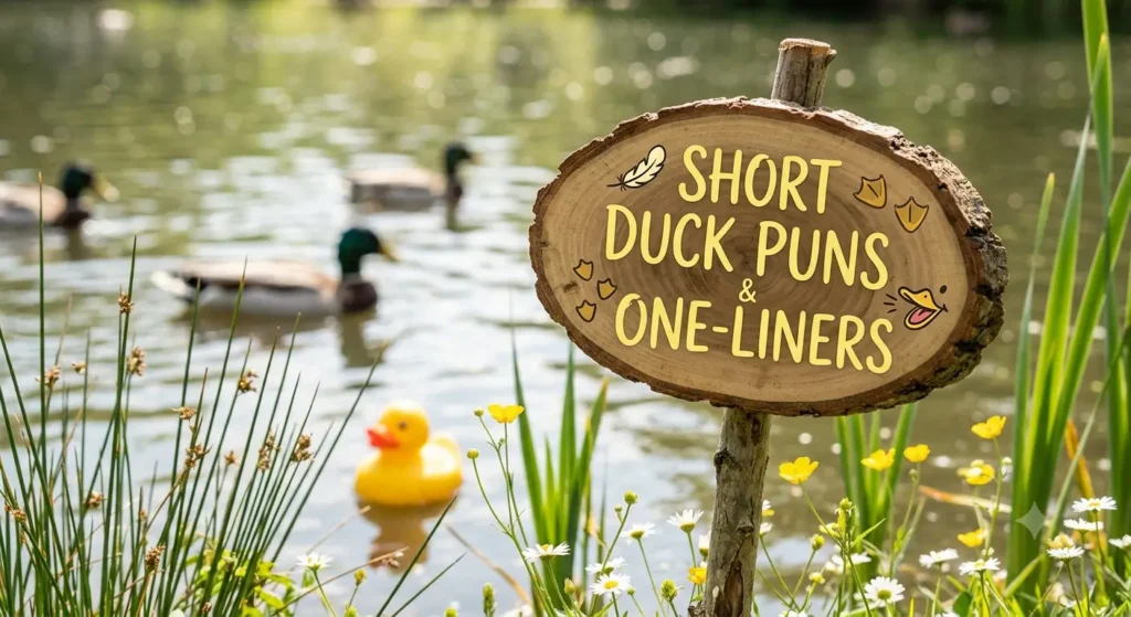 A rustic wooden sign reading Short Duck Puns & One-Liners on a stick in a sunlit pond with reeds and a floating rubber ducky.