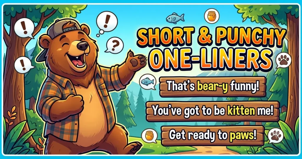 A cartoon bear in a plaid shirt pointing at a wooden sign that says Short & Punchy One-Liners.