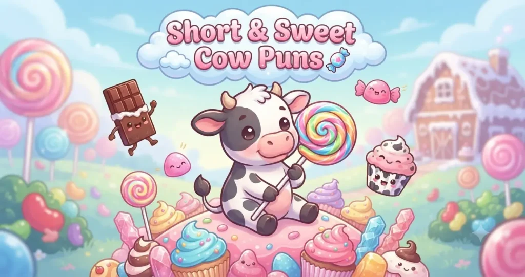 An adorable cartoon calf holding a giant swirl lollipop in a vibrant candy-themed landscape with a gingerbread house