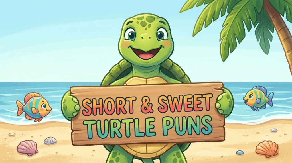 A cheerful cartoon sea turtle holding a wooden sign that reads SHORT & SWEET TURTLE PUNS on a sunny beach with shells and fish.