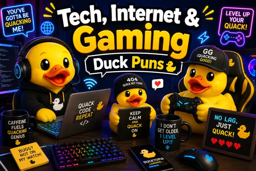 A modern hand-painted wooden sign reading Tech, Internet, and Gaming Duck Puns 💻 surrounded by a keyboard, mouse, gaming controller, and pixelated ducks.