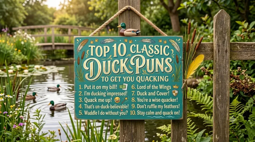 Hand-painted wooden sign listing the top 10 classic duck puns with illustrations next to a duck pond.