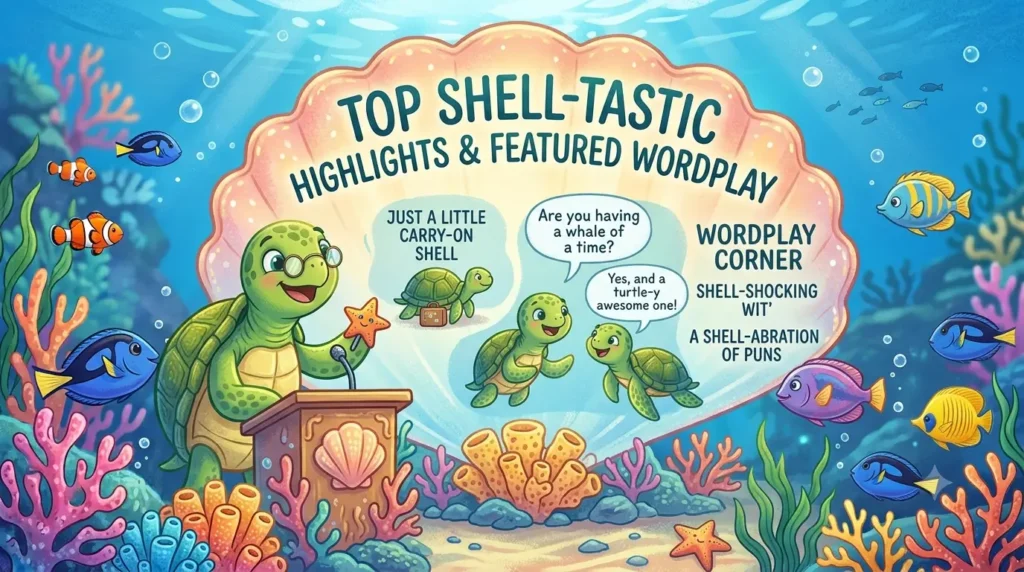 Cheerful sea turtle emcee in glasses pointing with a starfish to a glowing scallop screen displaying the ornate heading 'TOP SHELL-TASTIC HIGHLIGHTS & FEATURED WORDPLAY' in an underwater coral reef setting. The screen features vignettes of puns like a turtle with a tiny 'Carry-on Shell' and a 'Turtle-y Awesome' joke.