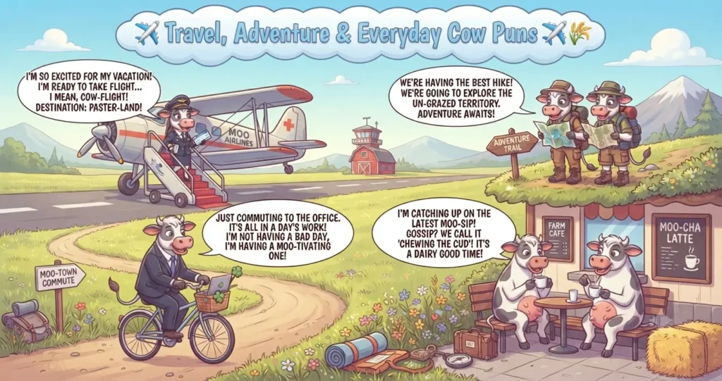 Cartoon illustration of anthropomorphic cows in four different scenes: at an airport, hiking, commuting, and at a cafe, each with speech bubbles containing cow-themed puns.