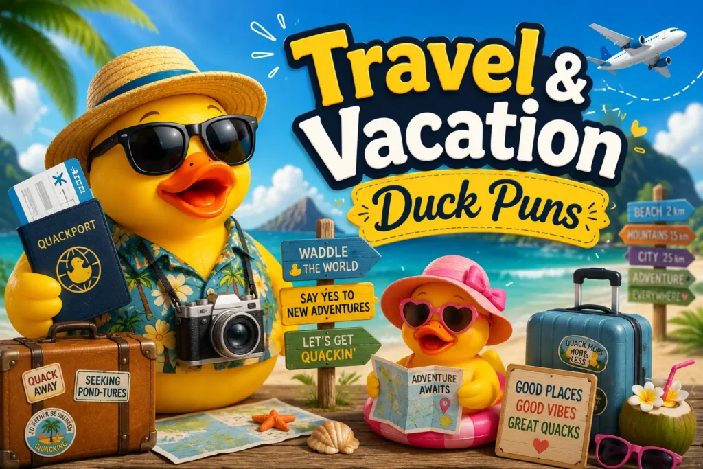 A playful hand-painted wooden sign reading Travel and Vacation Duck Puns ✈️ surrounded by travel gear, a passport, and cute vacation ducks.