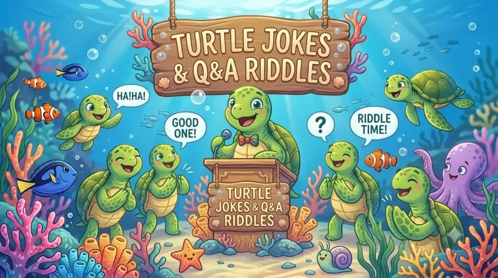A joyful underwater cartoon scene featuring several clapping and laughing sea turtles gathered around a podium with a wooden sign that reads "TURTLE JOKES & Q&A RIDDLES".