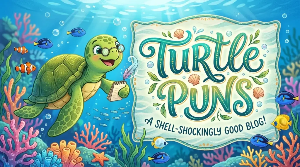 Cute sea turtle underwater next to 'Turtle Puns' text for the ultimate collection of turtle puns, jokes, and captions