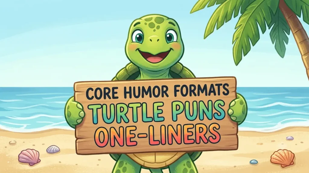 Cute cartoon turtle holding a wooden sign that reads CORE HUMOR FORMATS TURTLE PUNS ONE-LINERS on a sunny beach.