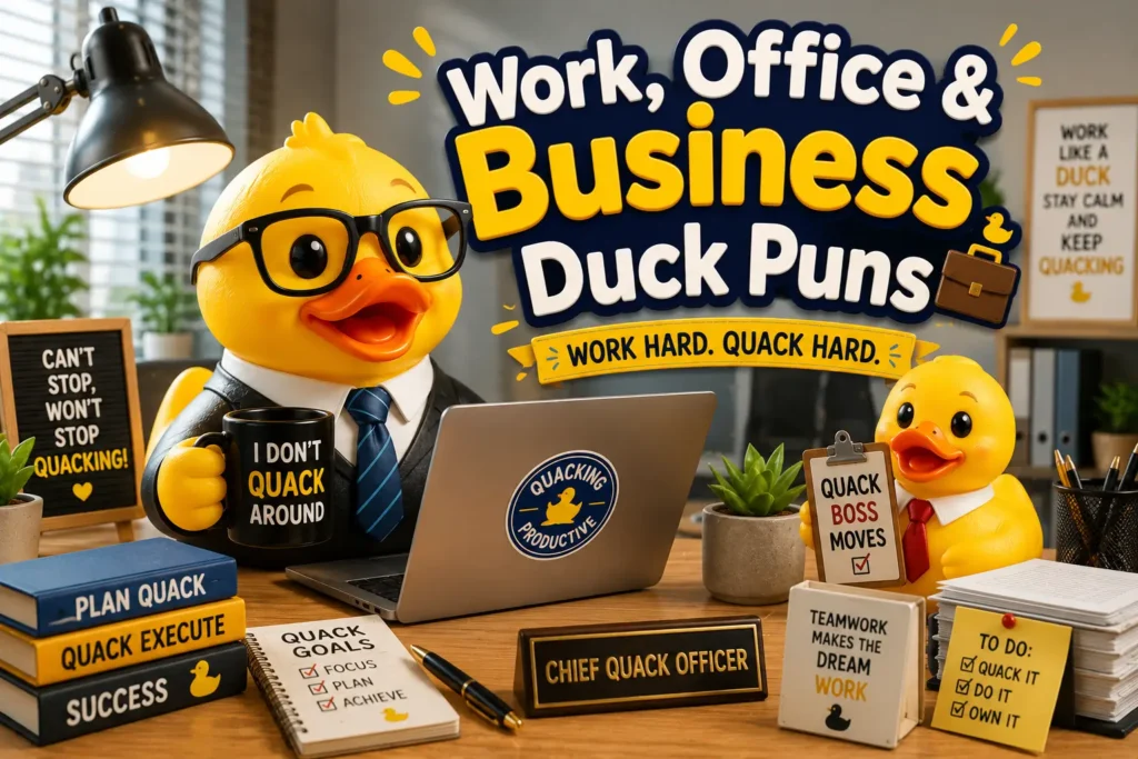 A professional hand-painted wooden sign reading Work, Office, and Business Duck Puns 💼 decorated with a tiny briefcase, tie, and desk accessories.