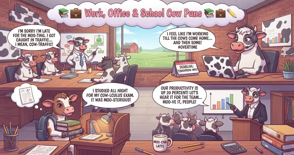 Cartoon illustration of cows in a professional and academic setting, with speech bubbles containing workplace and study puns like 'Moo-ting' and 'Cow-lculus'.