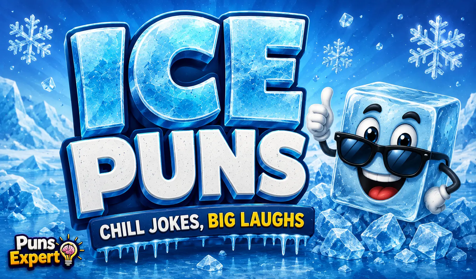 Colorful thumbnail featuring bold "Ice Puns" text with a smiling cartoon ice cube and icy background for an ice puns article.