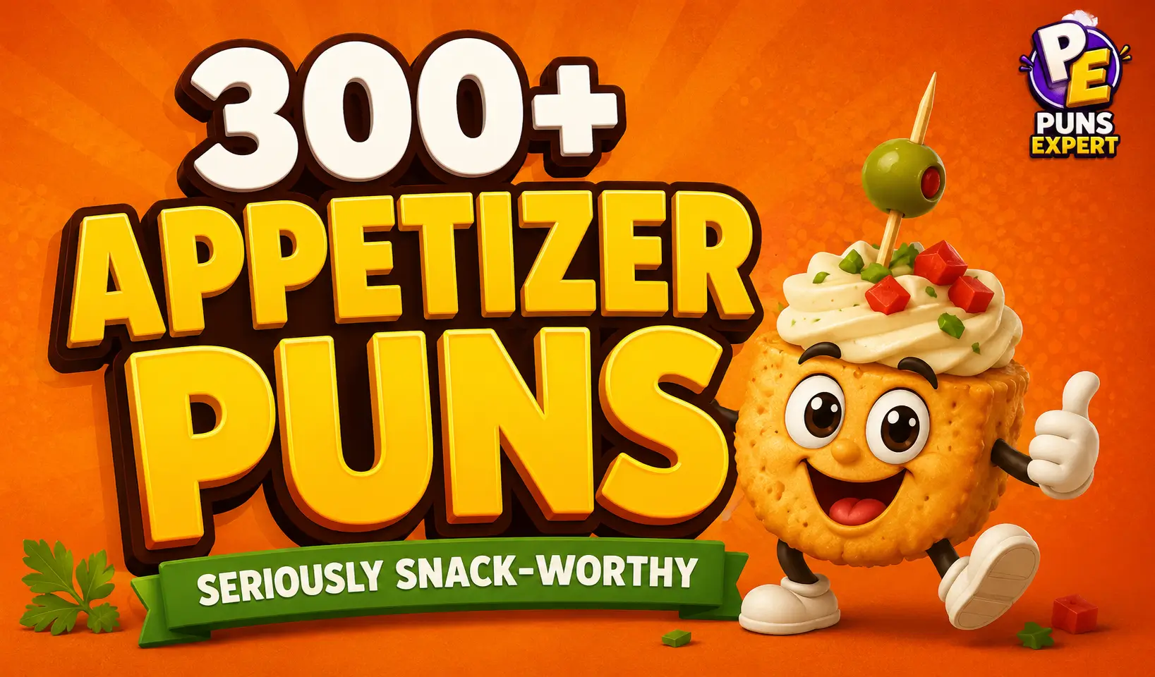 Cartoon appetizer cracker mascot beside bold 3D appetizer puns title with Puns Expert logo on a vibrant orange background.