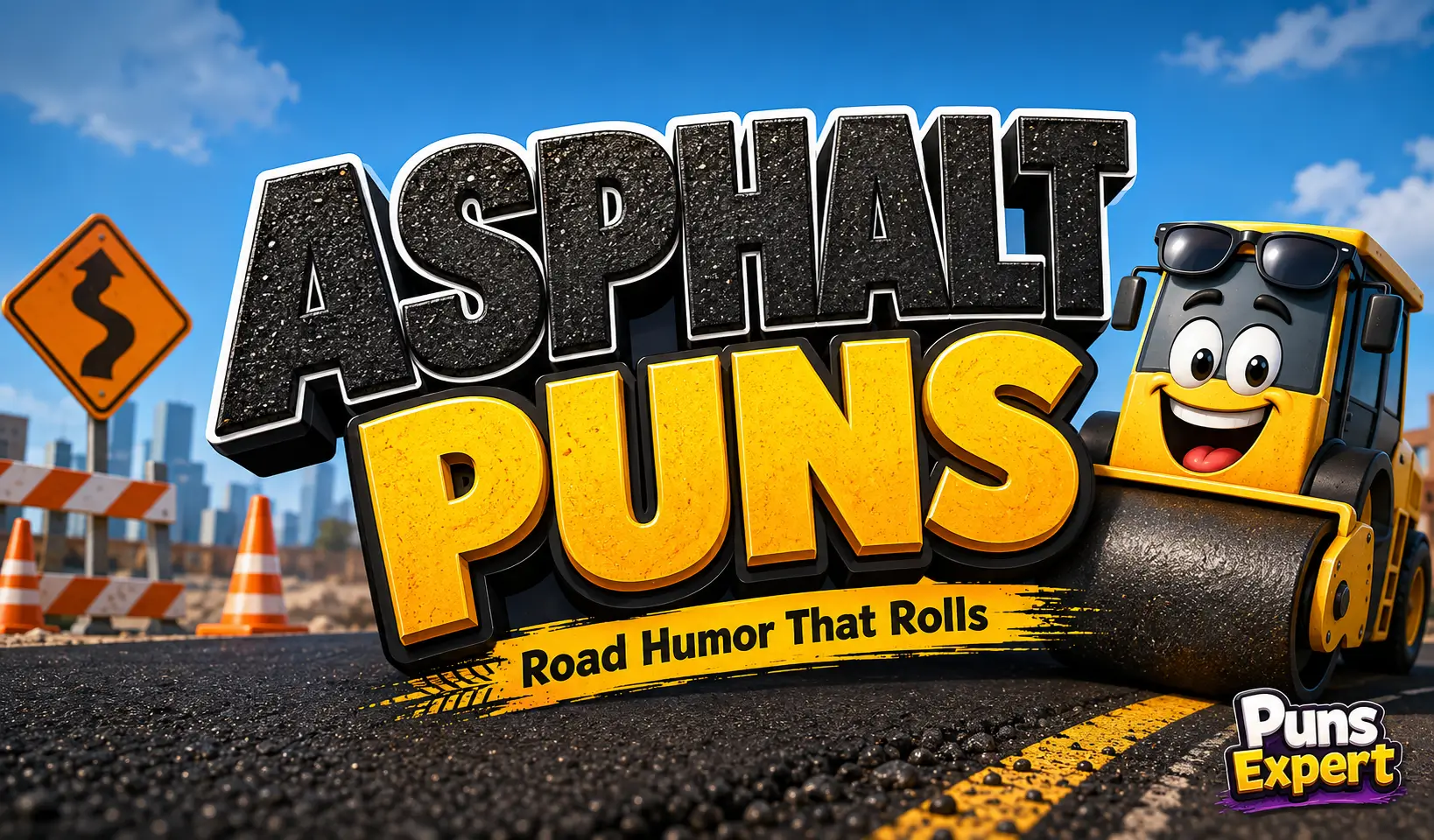 Cartoon thumbnail featuring bold 3D "Asphalt Puns" text with a smiling road roller on a paved road.