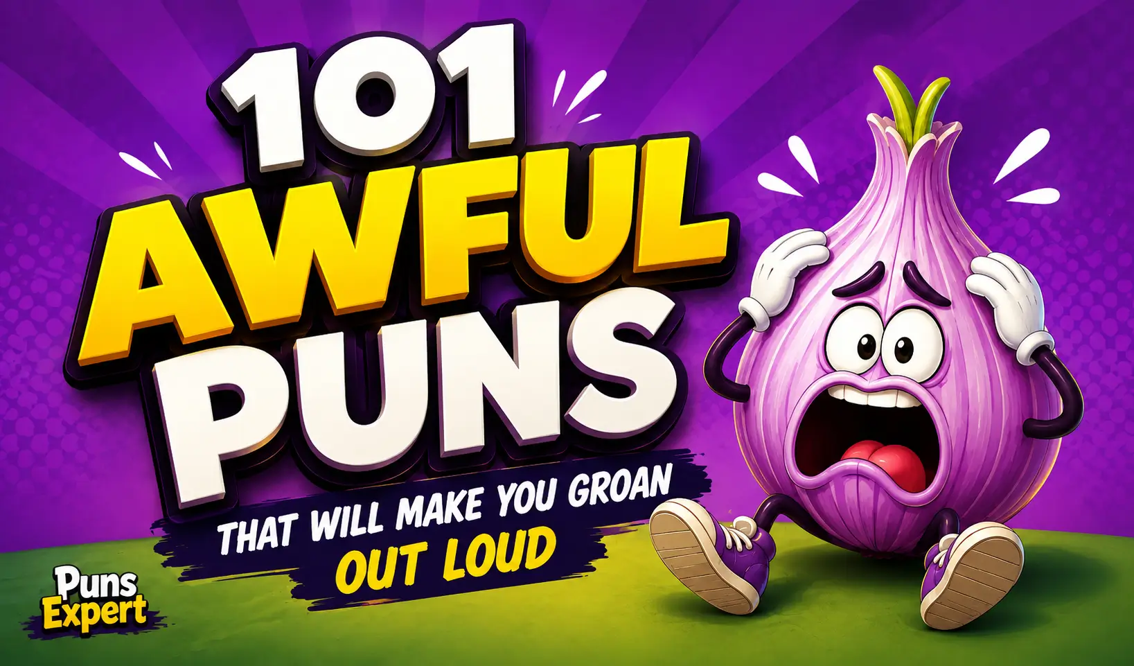 Colorful thumbnail for 101 awful puns featuring bold 3D text and a shocked cartoon onion character.
