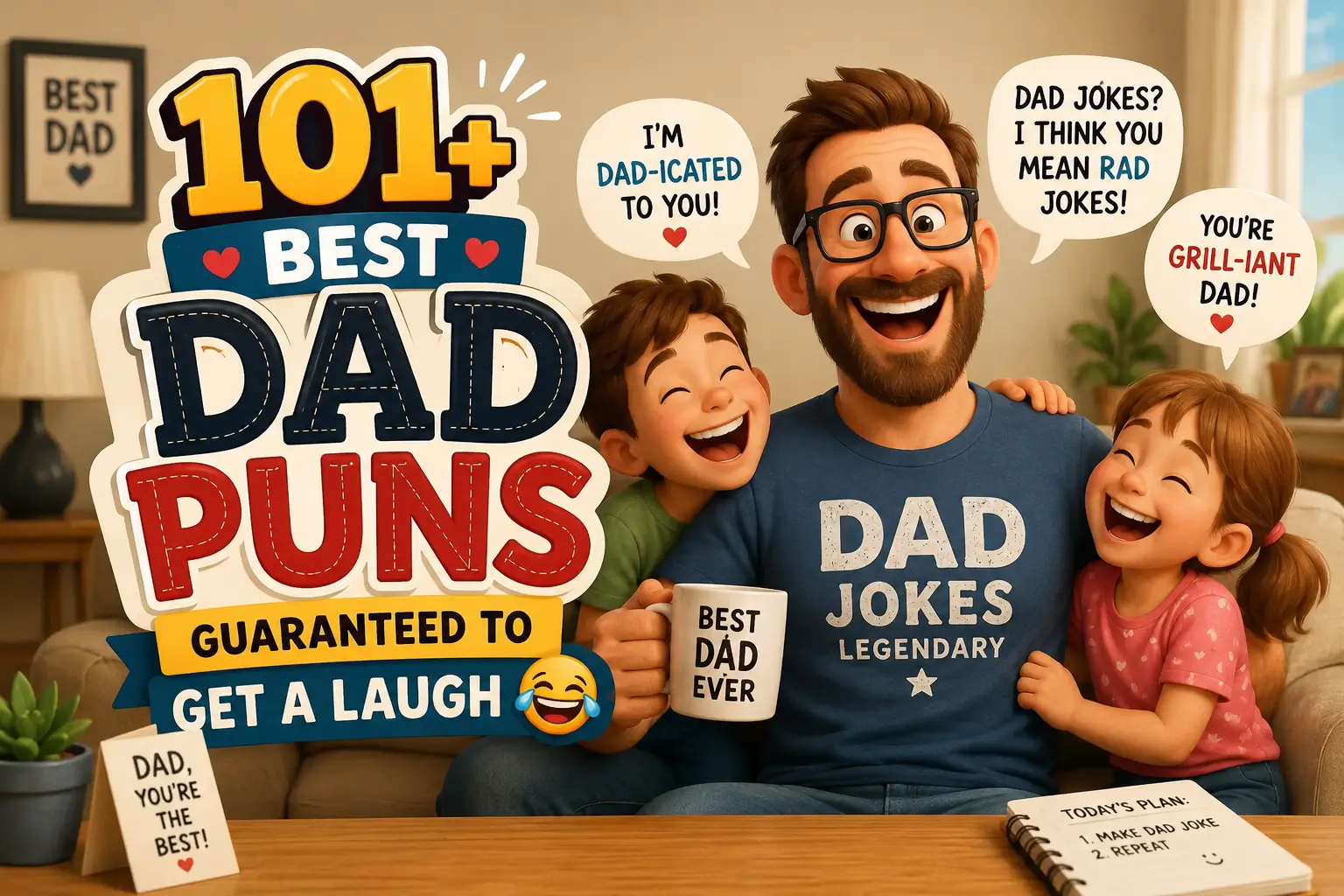 A cheerful cartoon father in a tropical kitchen sharing dad puns with his laughing family.