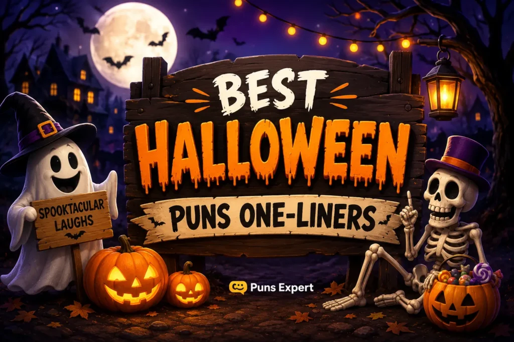 Cartoon Halloween scene with ghosts, pumpkins, skeleton, and a sign reading “Best Halloween Puns One-Liners.”