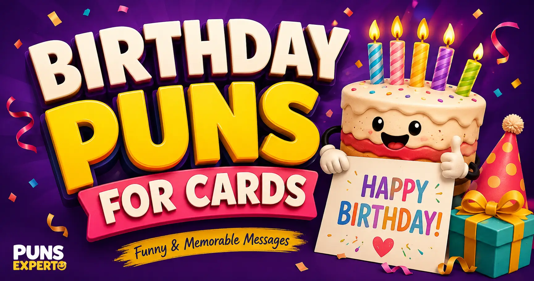 Colorful thumbnail featuring birthday puns for cards with bold 3D text, a smiling cake character, and party decorations.