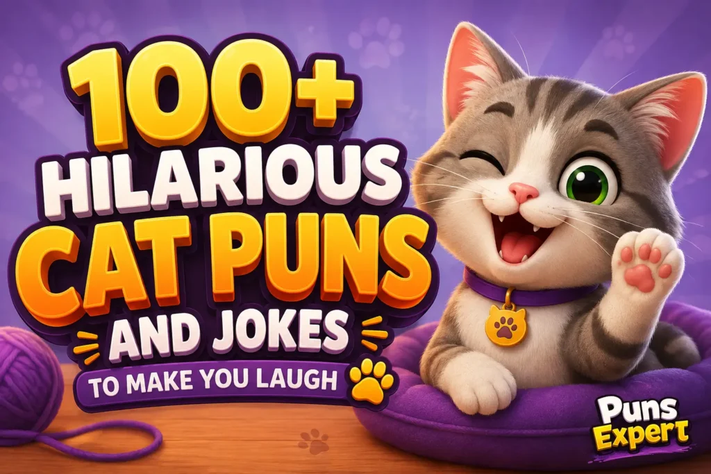 Colorful thumbnail featuring a happy cartoon cat and bold 3D text for 100+ cat puns jokes by Puns Expert.