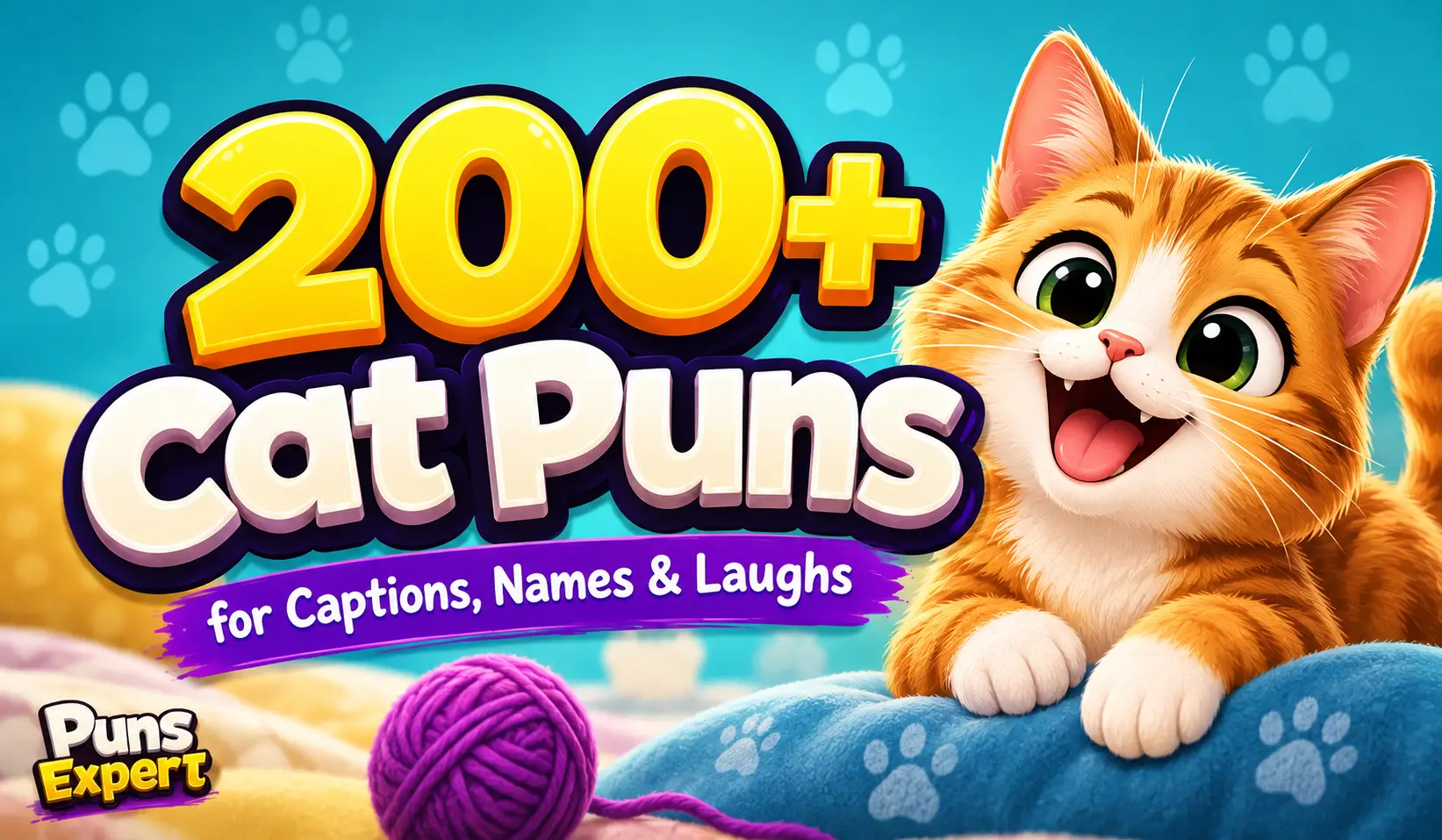 Colorful cat puns thumbnail with a smiling cartoon kitten and bold 3D "200+ Cat Puns & Jokes" text.