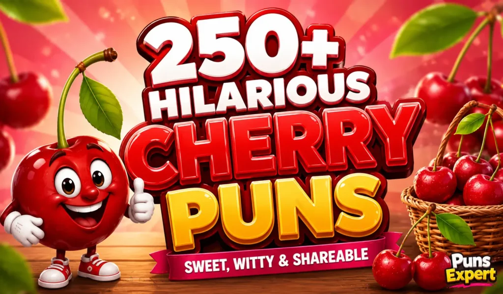 Cartoon cherry thumbnail featuring 250+ Hilarious Cherry Puns with bold 3D lettering, smiling cherry mascot, and Puns Expert branding.