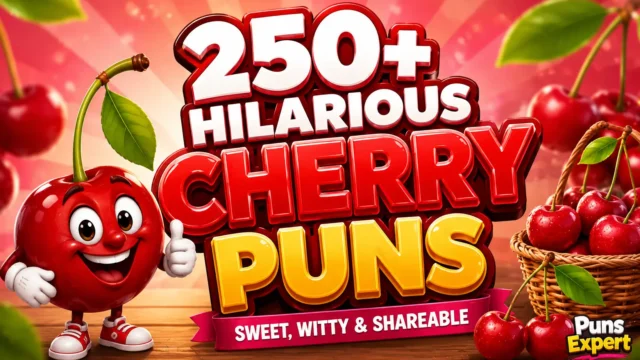 Cartoon cherry thumbnail featuring 250+ Hilarious Cherry Puns with bold 3D lettering, smiling cherry mascot, and Puns Expert branding.