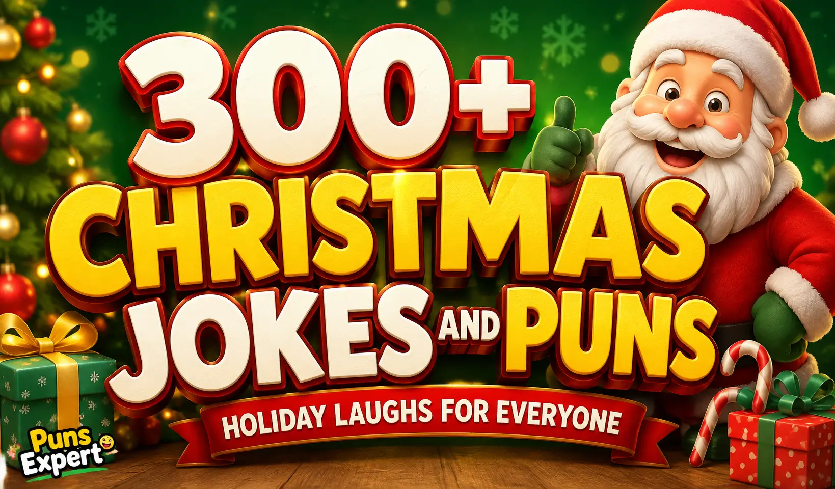 Colorful Christmas jokes and puns thumbnail featuring Santa, festive decorations, and bold holiday lettering.