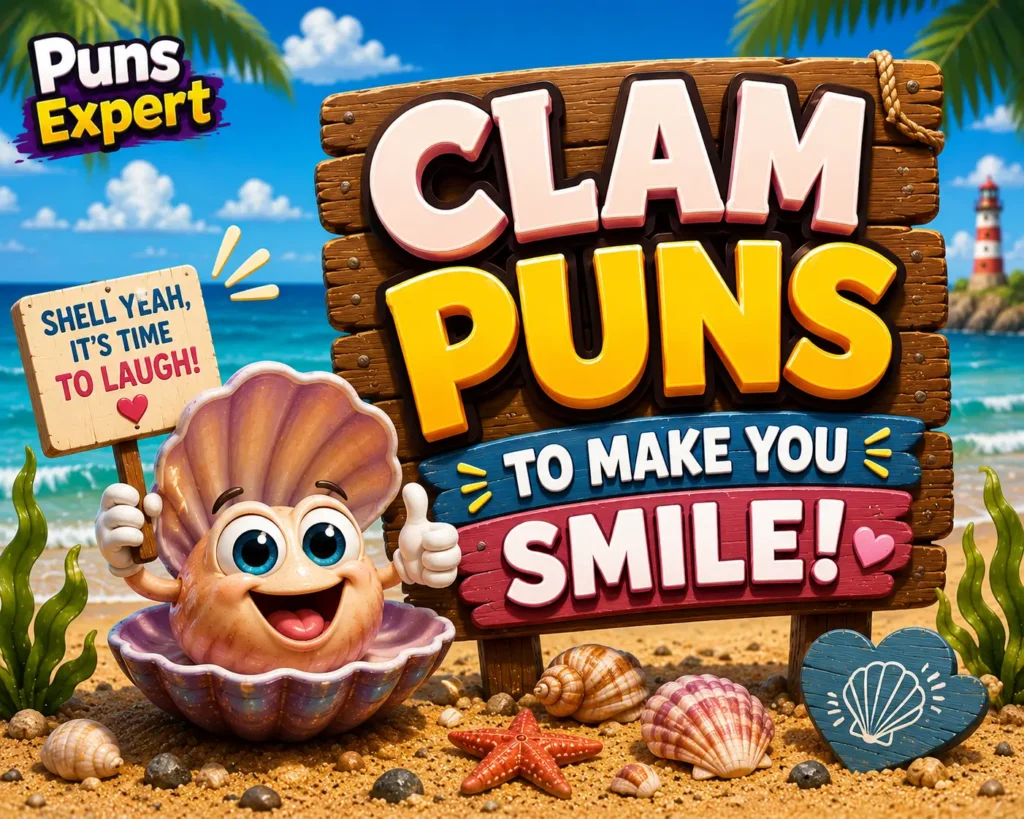 Happy cartoon clam beside a wooden sign reading "Clam Puns to Make You Smile" with the Puns Expert logo.