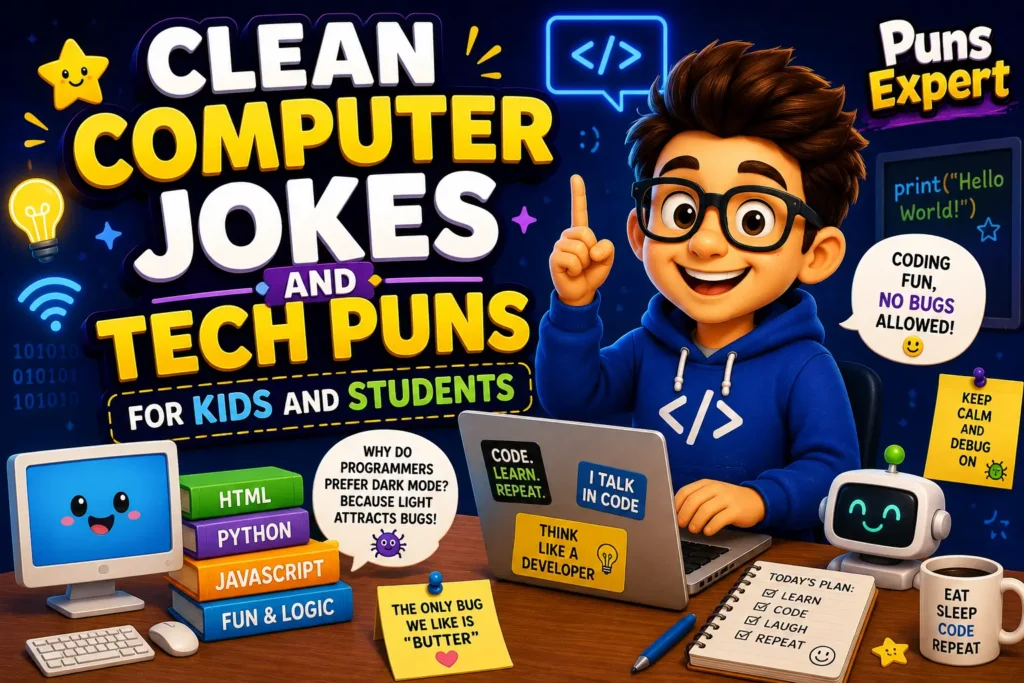 Cartoon student using a laptop with colorful computer jokes and tech puns in a kid-friendly coding scene.