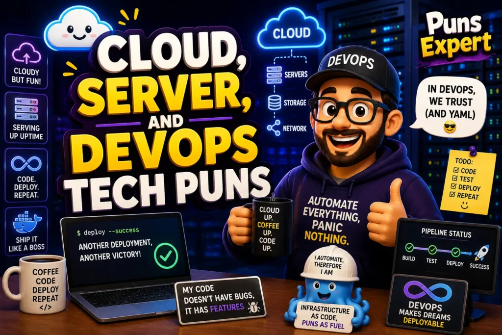 Cartoon DevOps engineer with cloud servers, deployment icons, and Tech Puns artwork in a modern data center.