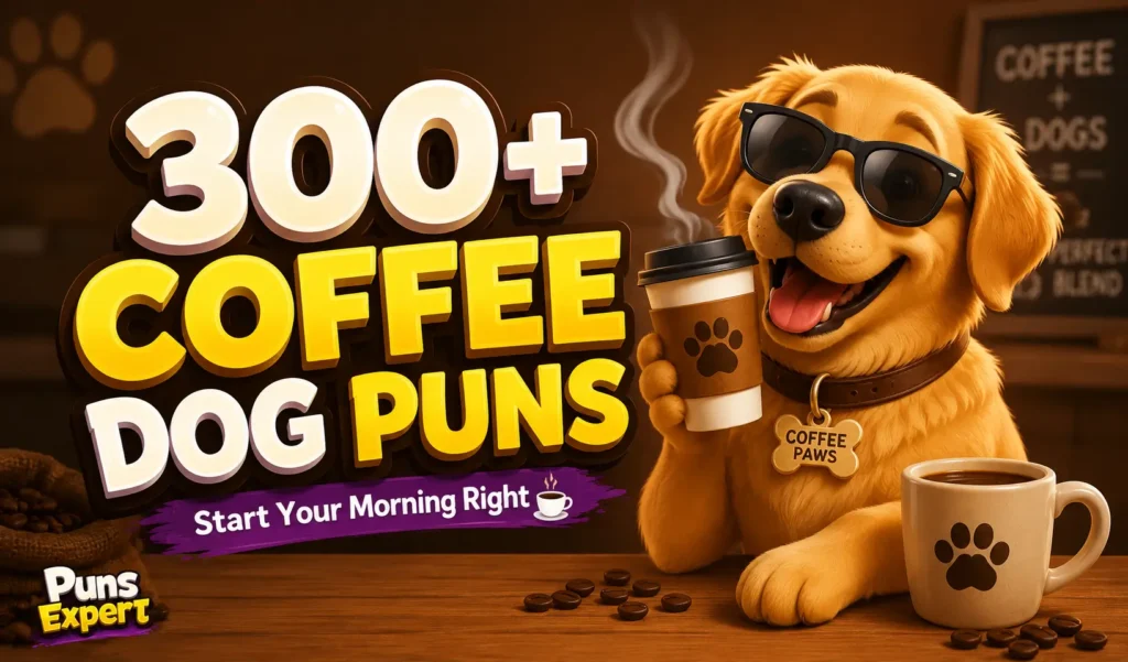 300+ coffee dog puns thumbnail with a golden retriever holding a coffee cup
