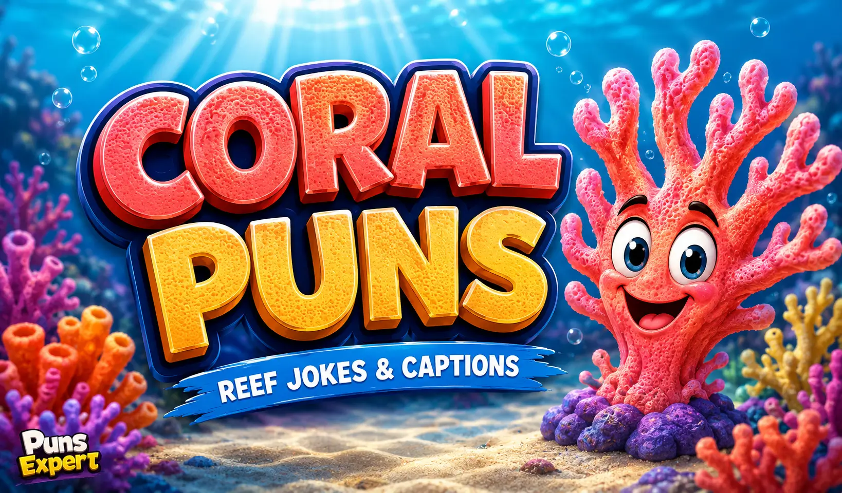 Colorful Coral Puns thumbnail featuring bold 3D text and a smiling cartoon coral on a vibrant reef.