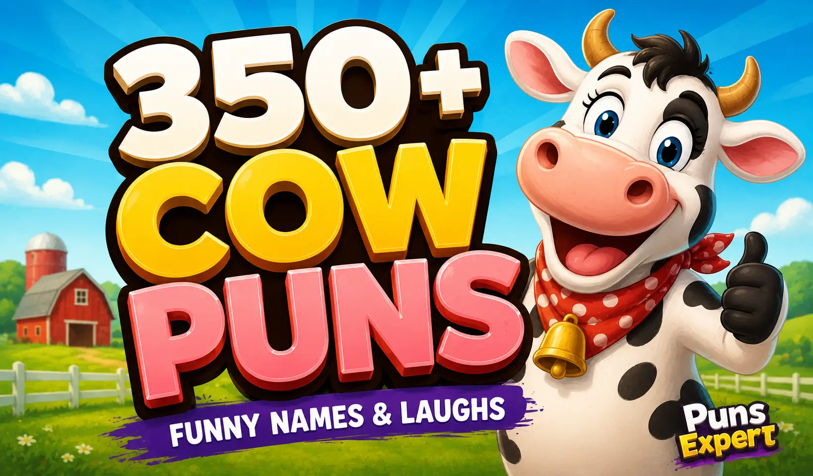 Colorful cow puns thumbnail with bold 3D text, a smiling cartoon cow, and Puns Expert branding.