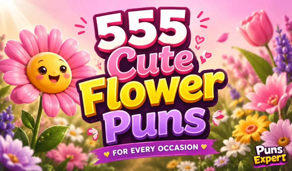 555 cute flower puns thumbnail with a cheerful cartoon flower in a colorful garden