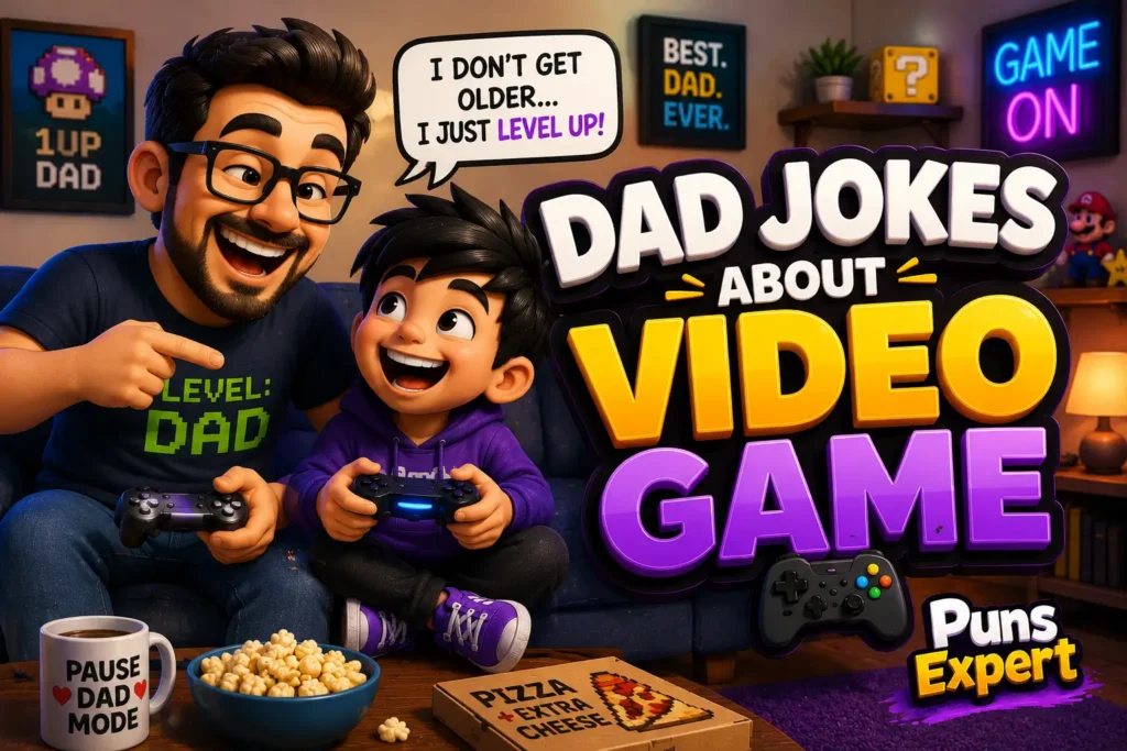 Cartoon dad and child laughing while playing video games together with funny gaming jokes.