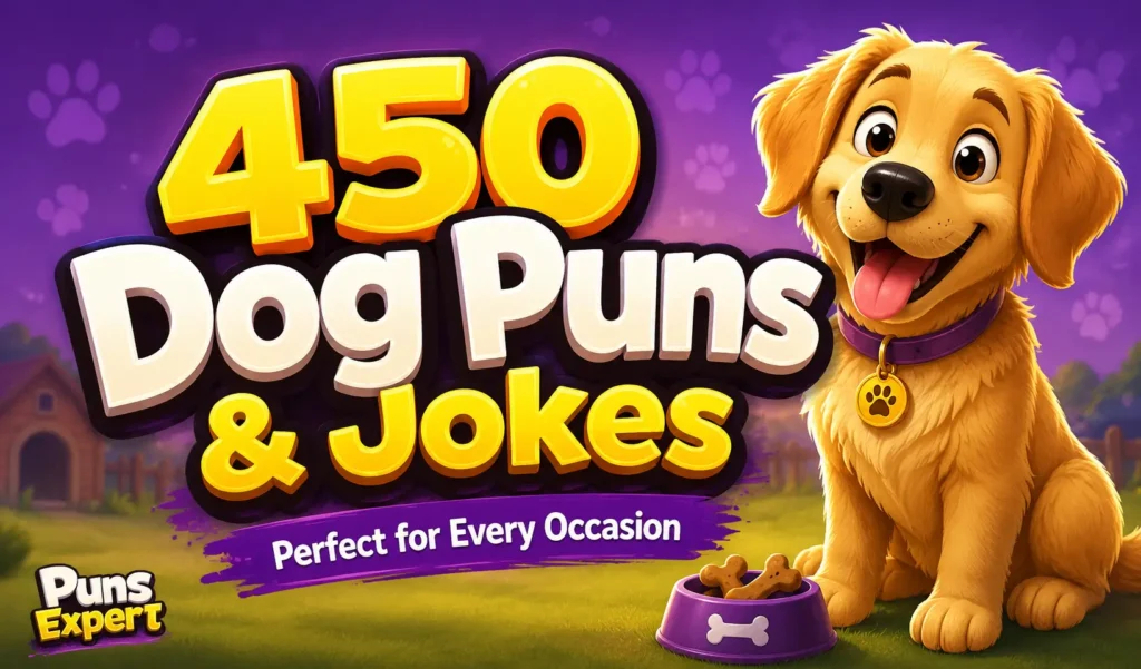 Colorful dog puns thumbnail featuring a happy cartoon puppy and bold 3D "450 Dog Puns & Jokes" text.