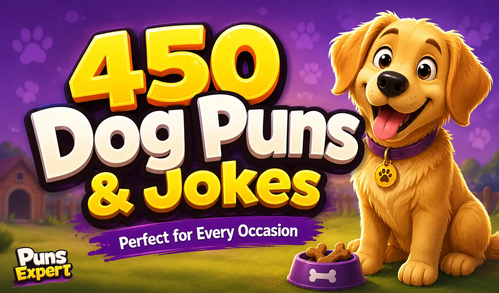 Colorful dog puns thumbnail featuring a happy cartoon puppy and bold 3D "450 Dog Puns & Jokes" text.