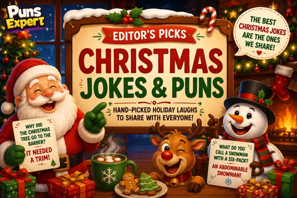 Festive Editor’s Picks Christmas jokes and puns banner with Santa, a reindeer, holiday decorations, and the Puns Expert logo.