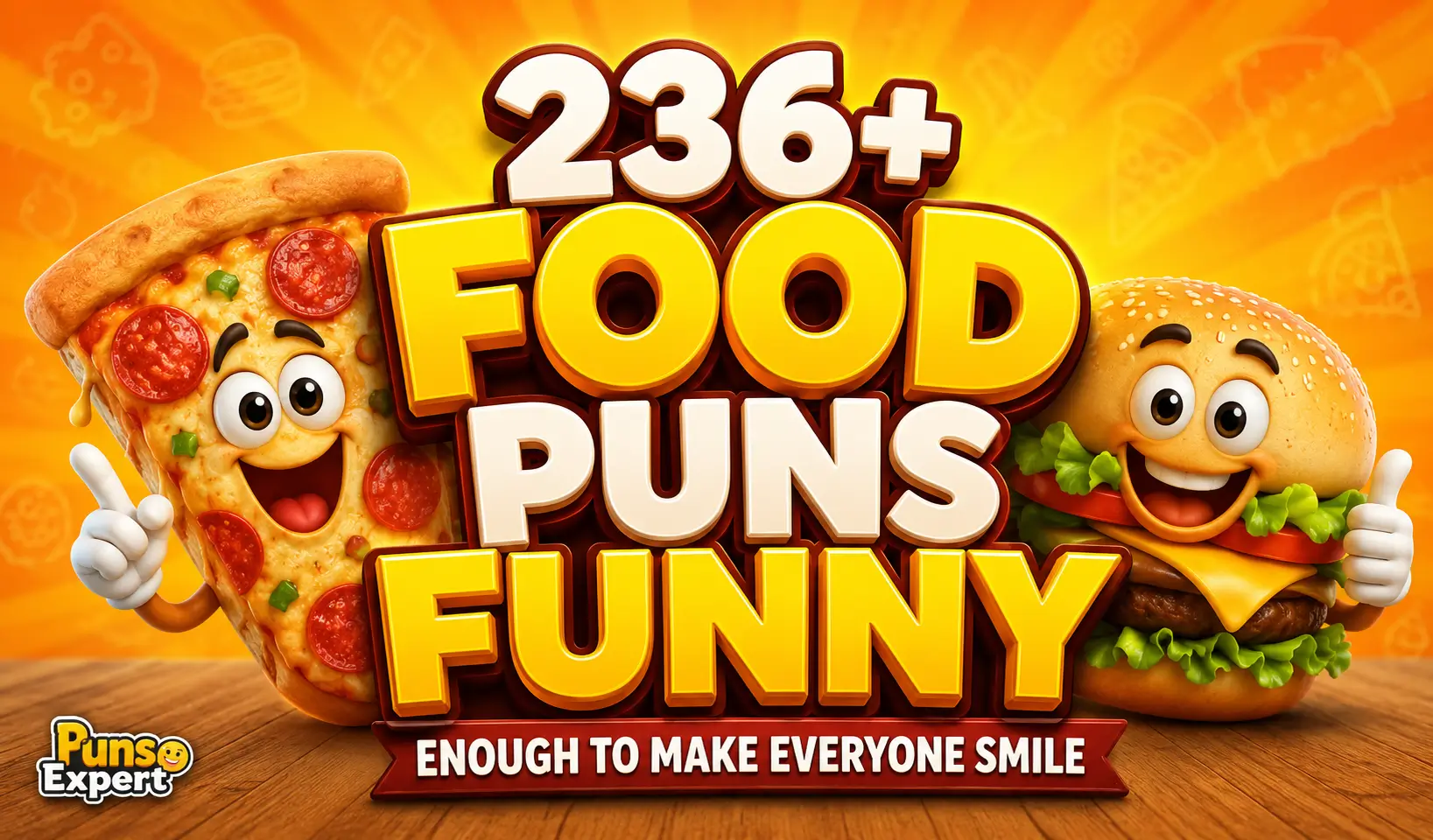 236+ food puns funny thumbnail with smiling pizza and burger cartoon characters
