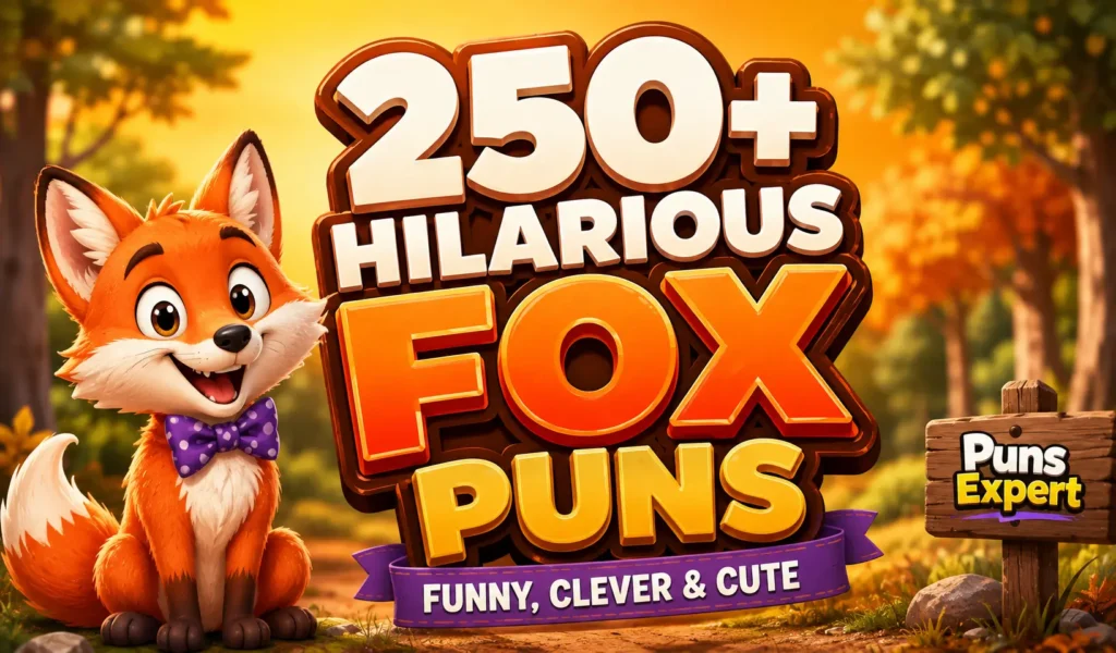 Cartoon fox thumbnail featuring 250+ Hilarious Fox Puns with bold 3D text, woodland background, and Puns Expert branding.