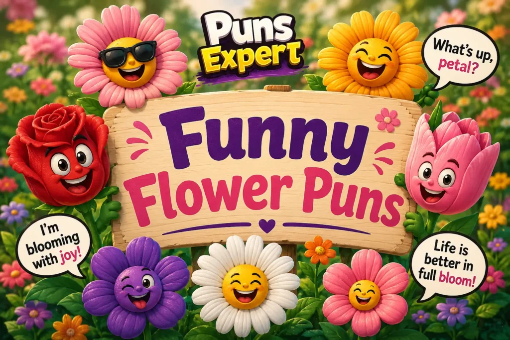 Smiling cartoon flowers around a sign reading “Funny Flower Puns” with the Puns Expert logo in a colorful garden.