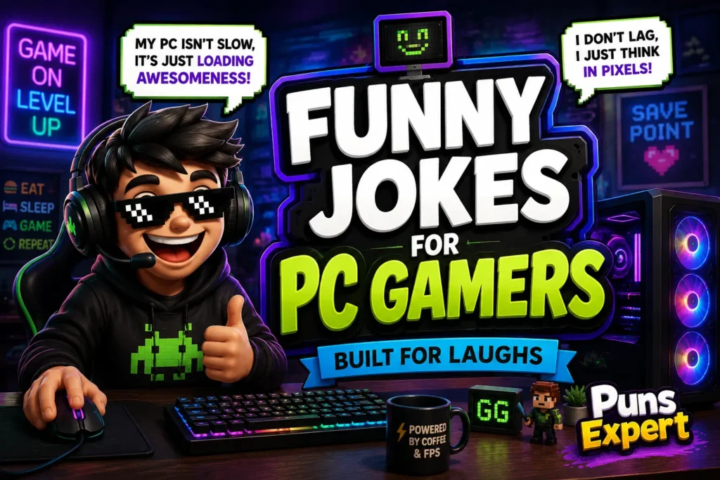 Cartoon PC gamer laughing at a colorful RGB gaming setup with the heading "Funny Jokes for PC Gamers" and Puns Expert logo.