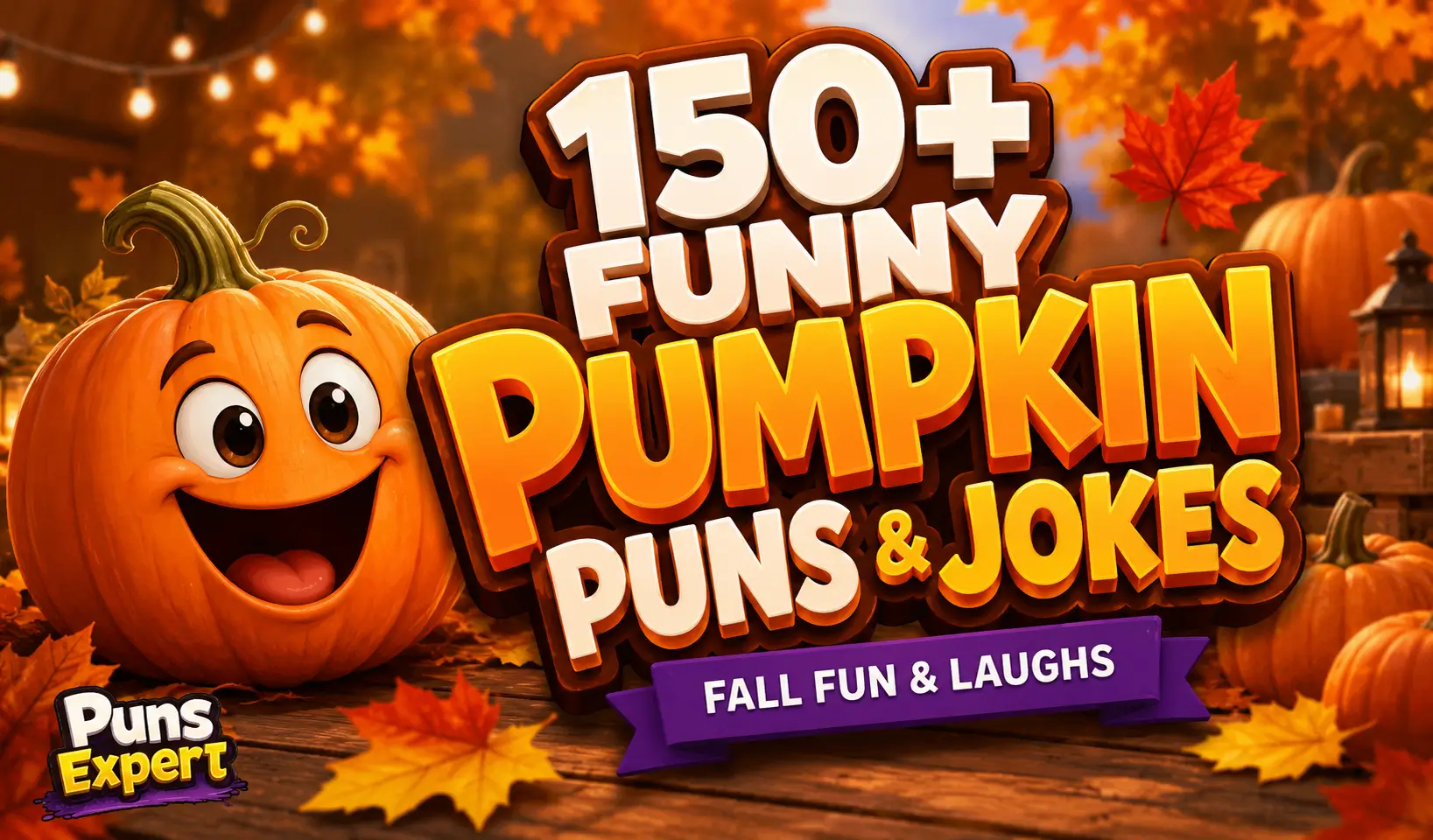 Cartoon pumpkin with bold 3D "Funny Pumpkin Puns & Jokes" text and Puns Expert logo for the funny pumpkin puns article.