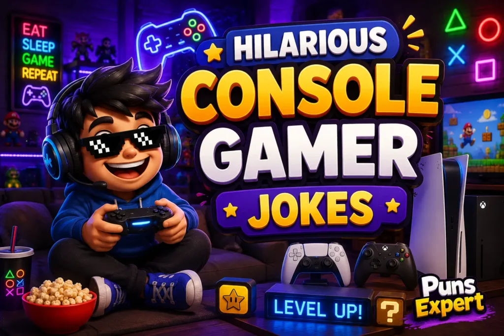 Cartoon gamer kid playing a console with bold "Hilarious Console Gamer Jokes" title in a colorful gaming room.
