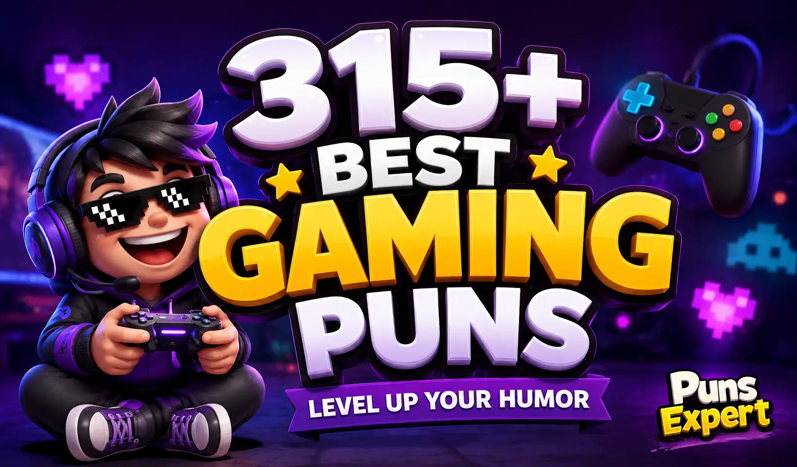 Cartoon gamer holding a game controller with bold 3D gaming puns title and Puns Expert logo on a vibrant gaming background.