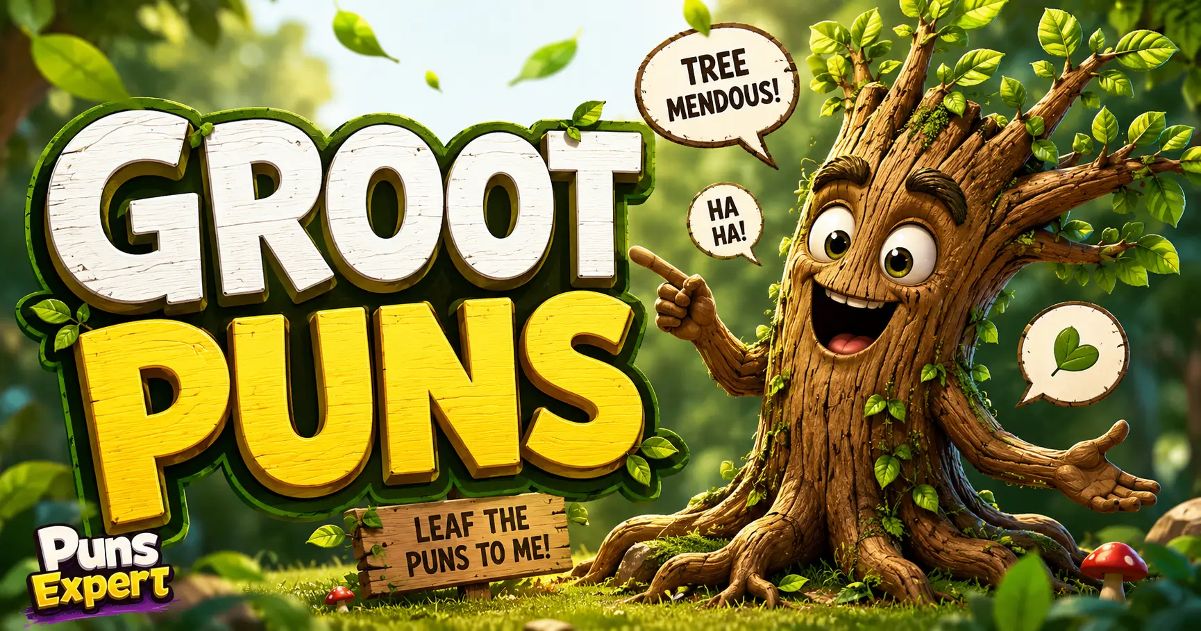 Groot puns thumbnail with a funny tree mascot and bold Groot Puns text