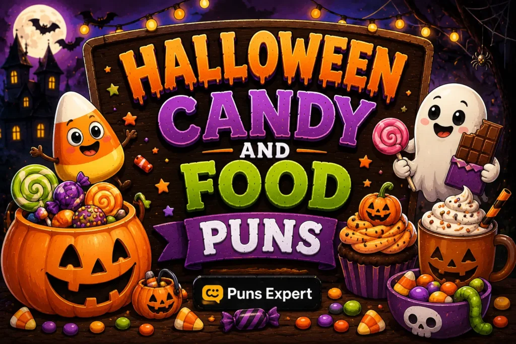 Cartoon Halloween candy, treats, and pumpkins around a "Halloween Candy and Food Puns" sign.
