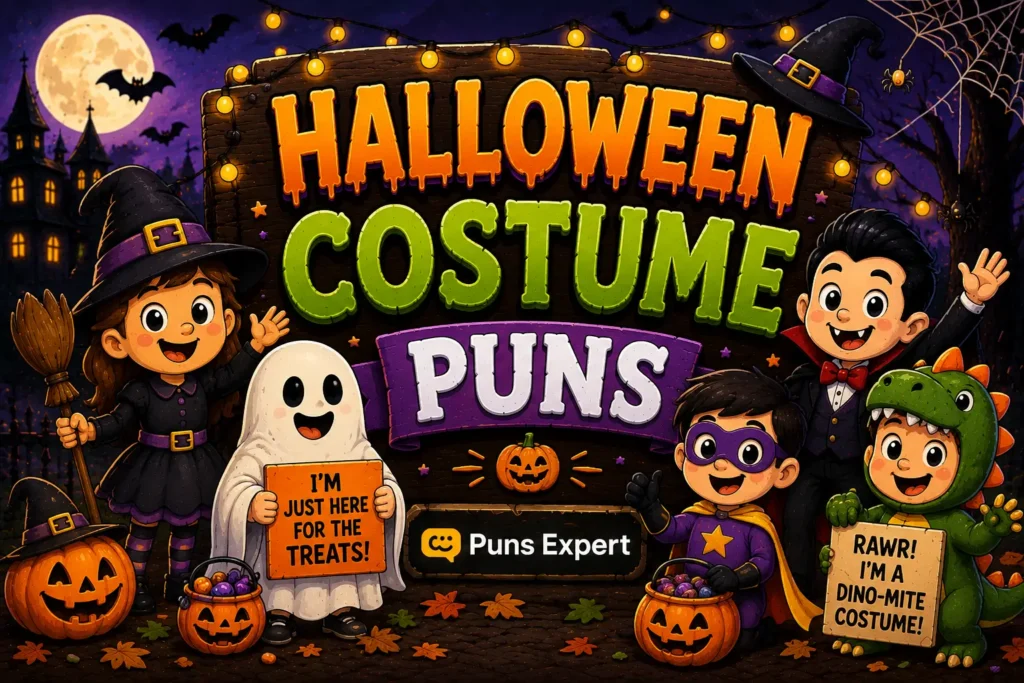 Cartoon children in Halloween costumes around a "Halloween Costume Puns" sign with pumpkins and candy.
