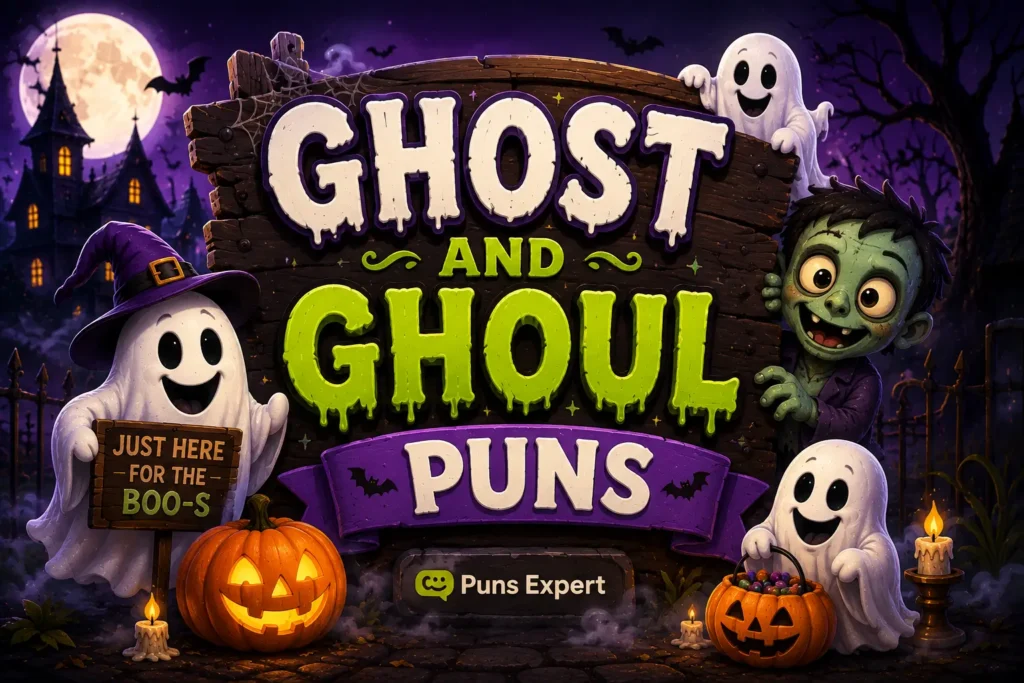 Cartoon ghosts and a friendly ghoul around a sign reading "Ghost and Ghoul Puns" for halloween puns one liners.